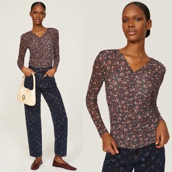 SANDRO Bethanie Mesh Floral Ruched Long Sleeve Top Size 4 - Picture 1 of 14